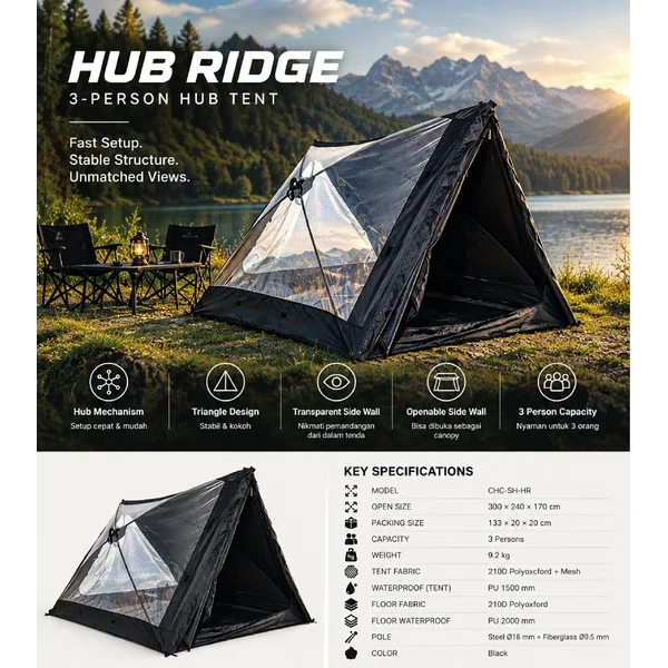 Wild Land New Style 3 Person Triangle Tent- Hub Ridge cocok untuk camping dan kemah