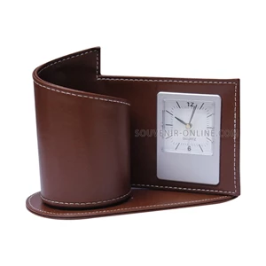 PROMOTIONAL CLOCKS FOR DESK SEMI LEATHER BROWN FOUNTAIN PEN PLACE