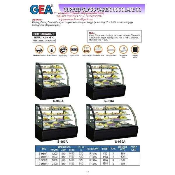 Curved Glass Cake-Chocholate (Mesin Pndingin Kue) S-940A - S-980A
