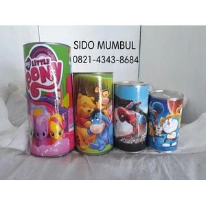 Souvenir Celengan Tabung Kaleng Besi Gambar Karakter Anak Lucu Unik 14 x 8 cm