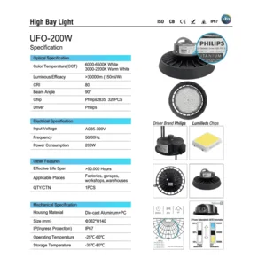 Lampu High Bay LED UFO 200W Philips Lumileds untuk Gudang 