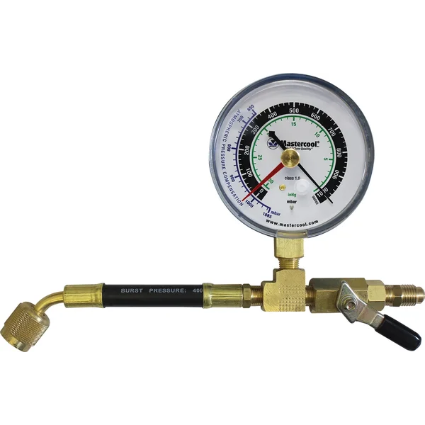 Mastercool 98067-R Analog Vacuum Gauge with Control Valve 1/4" Flare Female x 1/4" Flare Male