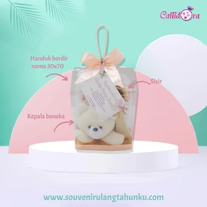 Souvenir Aqiqah Handuk Bordir Nama 30x70cm Sisir dan Kepala Boneka