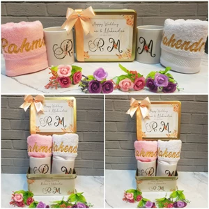 Souvenir Kotak Kaleng mug handuk bordir nama Kado pernikahan