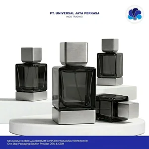 Botol Parfum Kaca Persegi Hitam Smoky Base Metal Kemasan Maskulin Industrial