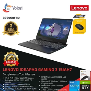  Laptop Notebook Lenovo IdeaPad Gaming 3 15IAH7 i5-12500H 8GB 512GB Nvidia RTX 3050 4GB Windows 11 OHS 2021 (82S900F1ID)