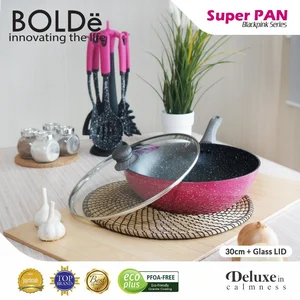 Wajan Teflon Bolde Super Pan Wok 30 Cm + Glass Lid Blackpink