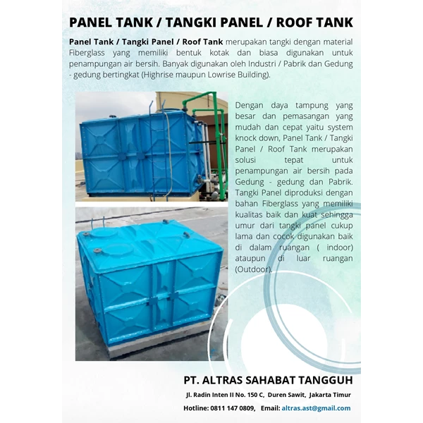 Panel Tank / Tangki Panel / Roof Tank By PT Altras Sahabat Tangguh