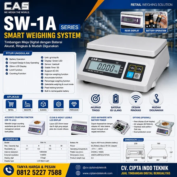 TIMBANGAN DIGITAL MEJA  SW - 1 A MERK CAS 15 Kg x 0.5 GRAM 
