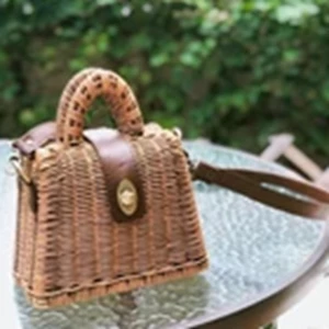 Rattan Basket Rattan Bag With Genuine Leather 15 Cm X 15 Cm X 7 Cm