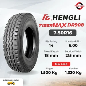 Ban Truk 7.50R16 (750 R16) 14PR Hengli TiberMAX DR908 untuk Engkel dan Canter