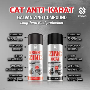 PRIMO Bright Zinc 400mL Cat Anti Karat & Korosi Medium Duty Warna Silver Metalik Cat Epoxy 