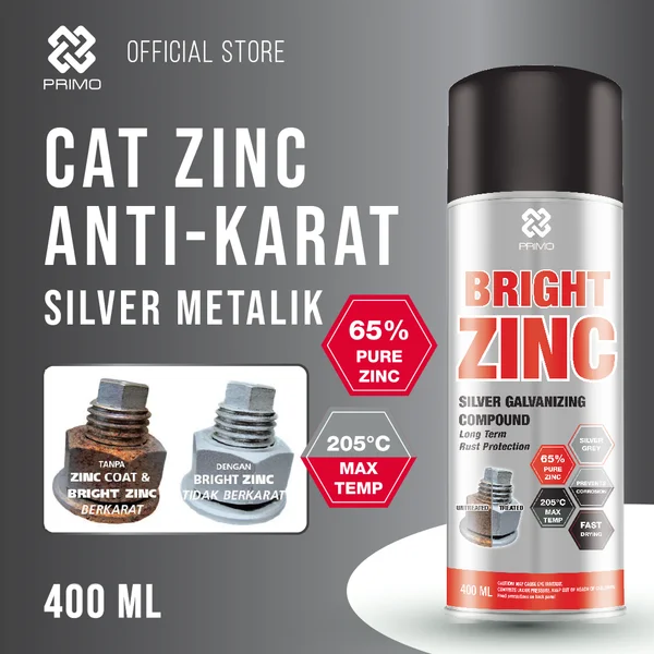 PRIMO Bright Zinc 400mL Cat Anti Karat & Korosi Medium Duty Warna Silver Metalik Cat Epoxy 