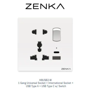 Saklar ZENKA 1 Gang Universal Socket + International Socket + USB Type A + USB Type C w/ Switch
