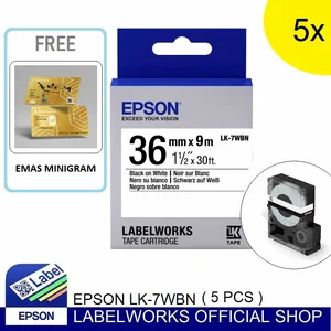 Epson label 36mm black on white 9m labelworks tape LK-7WBN bundle 5pcs tinta printer