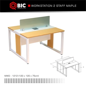 Meja Staff / Meja Partisi kantor workstation 2 Staff sekat kaca QBIC - Maple - White
