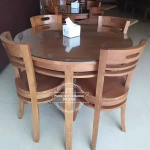 Meja Makan Bulat Kaca Jati