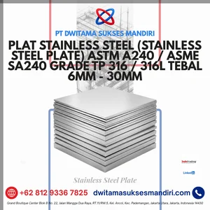 Plat Stainless Steel (Stainless Steel Plate) ASTM A240 / ASME SA240 Grade TP 316 / 316L Tebal 6mm - 30mm