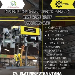 MILTON SINGLE GIRDER HOIST LOW HEADROOM WIRE ROPE HOIST CAPACITY 6.3 TON X 9 METER