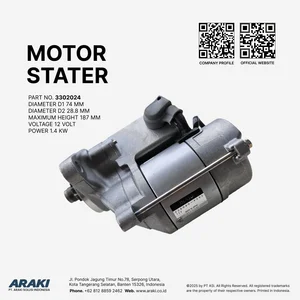 Sparepart Forklift Motor Starter 3302024 Diameter D1 74 mm Diameter D2 28.8 mm Tinggi Maksimum 187 mm Tegangan 12 Volt Daya 1.4 kW