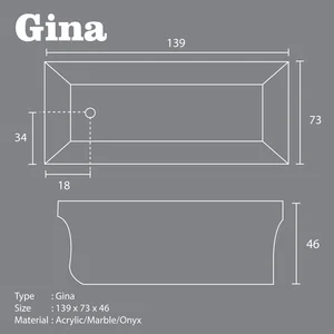 Bathtub Long VR GINA Marble Ukuran 139 x 73 x 46