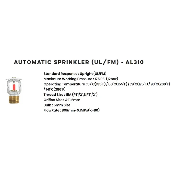 ALEUM UPRIGHT AUTOMATIC HEAD FIRE SPRINKLER UL/FM AL310