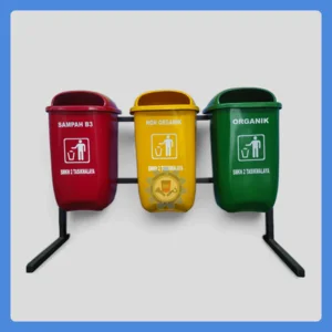 TEMPAT SAMPAH FIBERGLASS 3 PILAH KAPASITAS 50 L TIANG BESI HOLLOW 