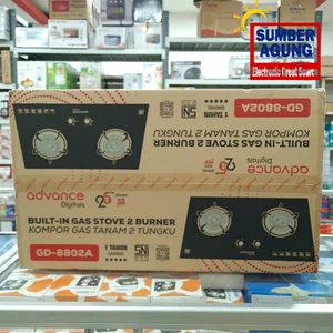 Advance Kompor Tanam 2tungku GD8802A Kompor Gas Tanam Dua Tungku Tempered Glass Api Biru Desain Modern Tahan Panas Api Biru Besar LPG