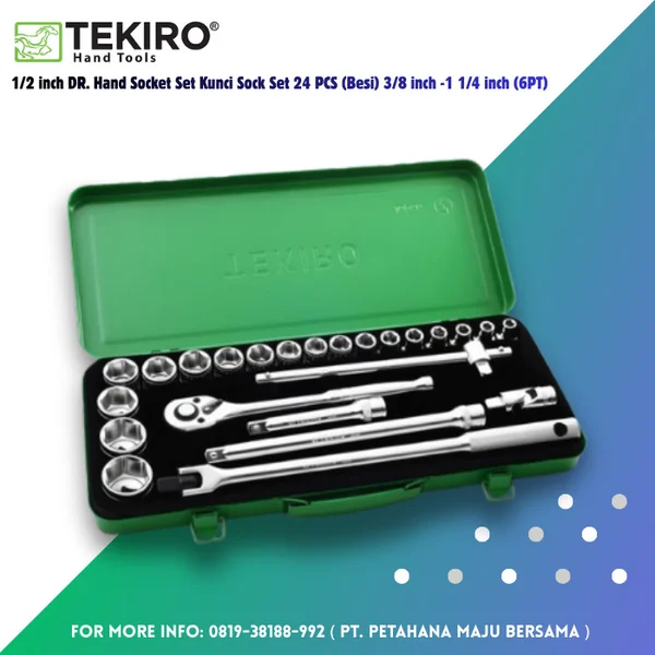 TEKIRO SC-SE0600 1/2 inch DR. Hand Socket Set Kunci Sock Set 24 PCS (Besi) 3/8 inch -1 1/4 inch (6PT)