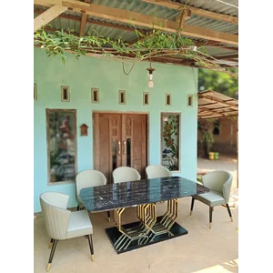 Meja Makan Marmer + Kursi Makan Marmer + Rangka Stainless Steel + Rangka Kursi Kayu Jati