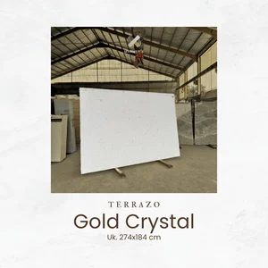 Terrazo Gold Crystal Ukuran 274x184cm – Keramik Lantai Krem Putih dengan Butiran Emas Kristal Elegan