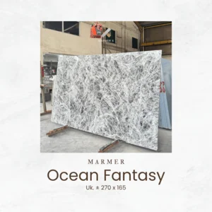 Marmer Ocean Fantasy Ukuran 270x165 cm - Batu Marmer Abu Kebiruan Motif Alur Ombak untuk Interior Modern Elegant