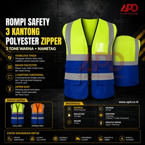 Rompi Safety 3 Kantong Polyester Zipper 2 Tone + Nametag