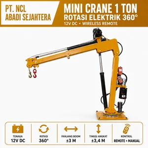Mini Crane Hidrolik Elektrik 1 Ton 12V DC Rotasi 360° Wireless Remote