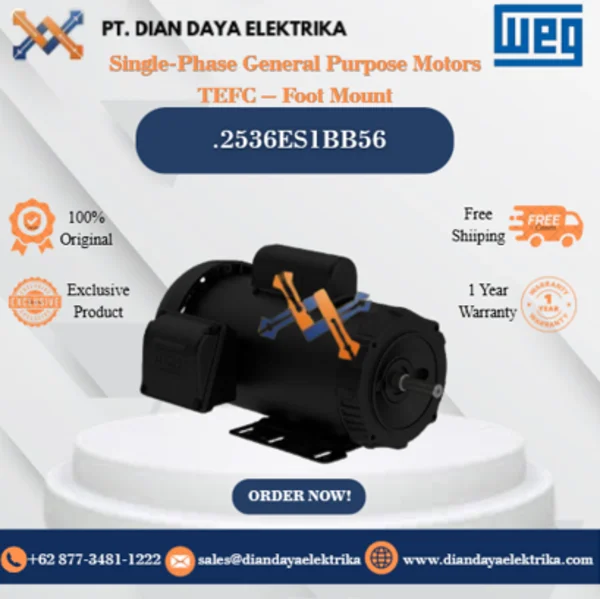 WEG "Single-Phase General Purpose Motors TEFC – Foot Mount" .2536ES1BB56 HP 0.25 KW 0.18 RPM 3600 FRAME B56 Motor Listrik