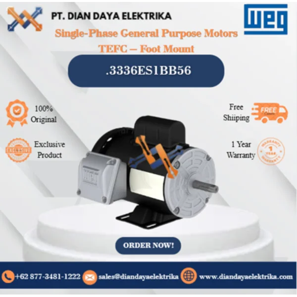 WEG "Single-Phase General Purpose Motors TEFC – Foot Mount" .3336ES1BB56 HP 0.33 KW 0.25 RPM 3600 FRAME B56 Motor Listrik