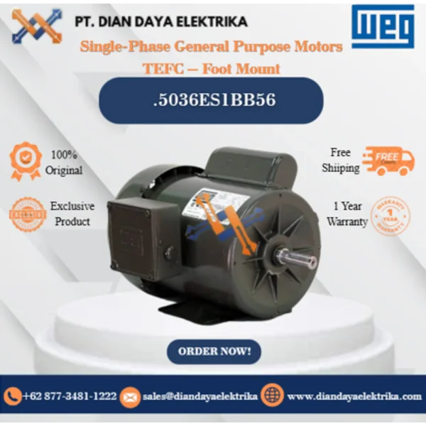 WEG "Single-Phase General Purpose Motors TEFC – Foot Mount" .5036ES1BB56 HP 0.5 KW 0.37 RPM 3600 FRAME B56 Motor Listrik