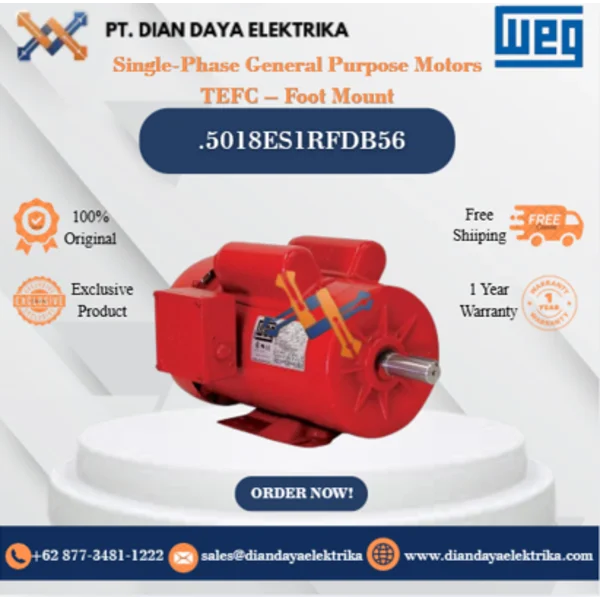 WEG "Single-Phase General Purpose Motors TEFC – Foot Mount" .5018ES1RFDB56 HP 0.5 KW 0.37 RPM 1800 FRAME B56 Motor Listrik