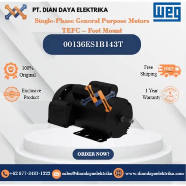 WEG "Single-Phase General Purpose Motors TEFC – Foot Mount" 00136ES1B143T HP 1 KW 0.75 RPM 3600 FRAME F143/5T Motor Listrik