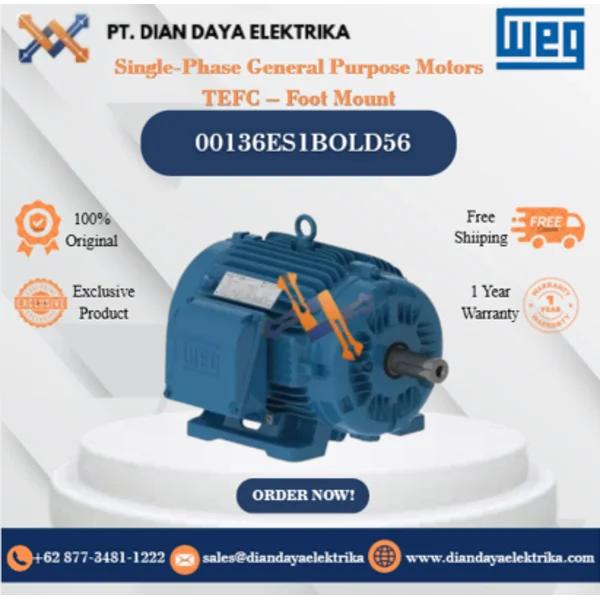 WEG "Single-Phase General Purpose Motors TEFC – Foot Mount" 00136ES1BOLD56	HP 1 KW 0.75 RPM 3600 FRAME D56 Motor Listrik