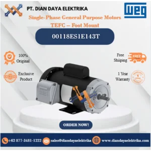 WEG "Single-Phase General Purpose Motors TEFC – Foot Mount" 00118ES1E143T HP 1 KW 0.75 RPM 1800 FRAME F143/5T Motor Listrik