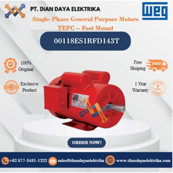 WEG "Single-Phase General Purpose Motors TEFC – Foot Mount" 00118ES1RFD143T HP 1 KW 0.75 RPM 1800 FRAME F143/5T Motor Listrik