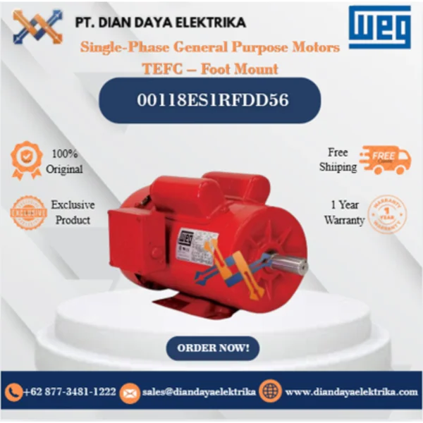 WEG "Single-Phase General Purpose Motors TEFC – Foot Mount" 00118ES1RFDD56	HP 1 KW 0.75 RPM 1800 FRAME D56 Motor Listrik