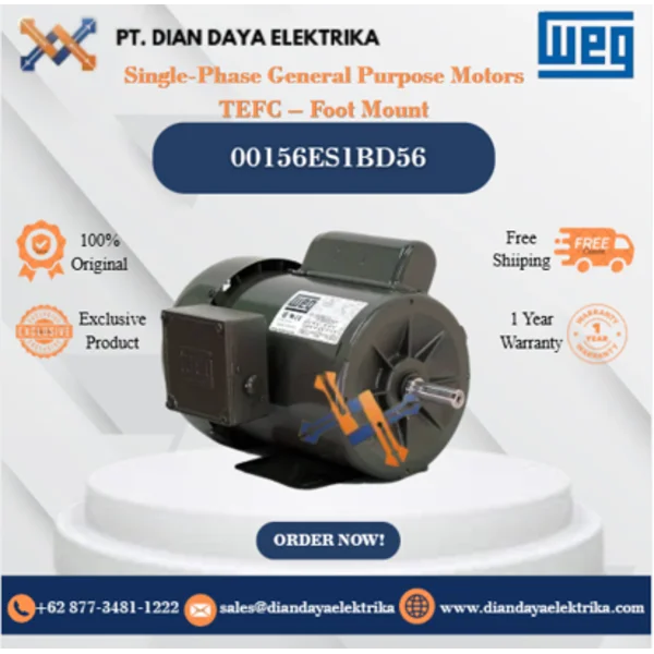 WEG "Single-Phase General Purpose Motors TEFC – Foot Mount" 00156ES1BD56 HP 1.5 KW 1.1 RPM 3600 FRAME D56 Motor Listrik