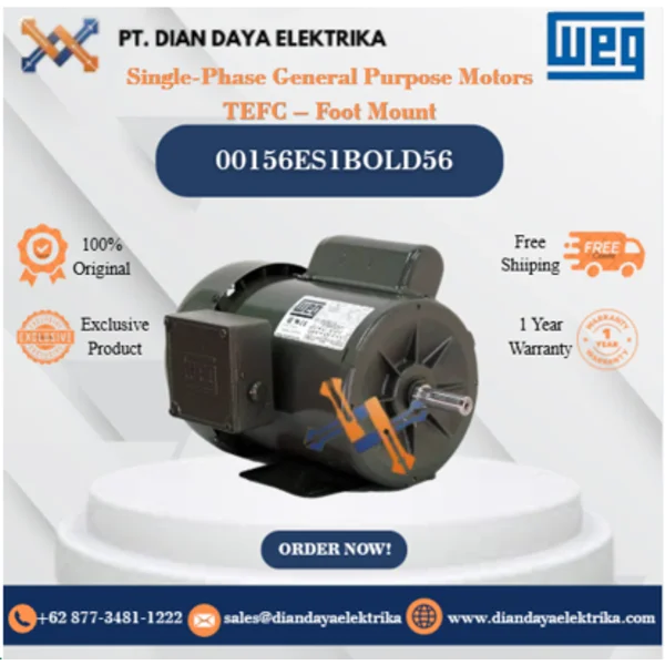 WEG "Single-Phase General Purpose Motors TEFC – Foot Mount" 00156ES1BOLD56	HP 1.5 KW 1.1 RPM 3600 FRAME D56 Motor Listrik