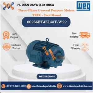 WEG "Three-Phase General Purpose Motors TEFC - Foot Mount" 00236ET3E145T-W22 HP 2 KW 1.5 RPM 3600 FRAME 143/5T Motor Listrik