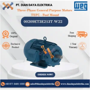 WEG "Three-Phase General Purpose Motors  TEFC - Foot Mount" 00209ET3E213T-W22	HP 2 KW 1.5 RPM 900 FRAME 213/5T Motor Listrik