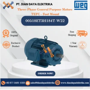 WEG "Three-Phase General Purpose Motors TEFC - Foot Mount" 00518ET3H184T-W22 HP 5 KW 3.7 RPM 1800 FRAME 182/4T Motor Listrik