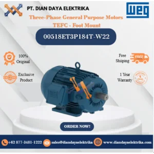 WEG "Three-Phase General Purpose Motors TEFC - Foot Mount" 00518ET3P184T-W22 HP 5 KW 3.7 RPM 1800 FRAME 182/4T Motor Listrik