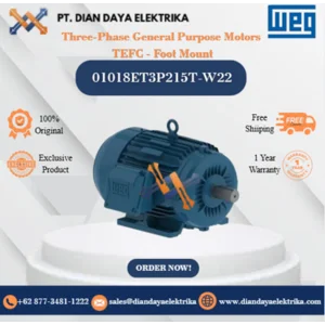 WEG "Three-Phase General Purpose Motors  TEFC - Foot Mount" 01018ET3P215T-W22	HP 10 KW 7.5 RPM 1800 FRAME 213/5T Motor Listrik